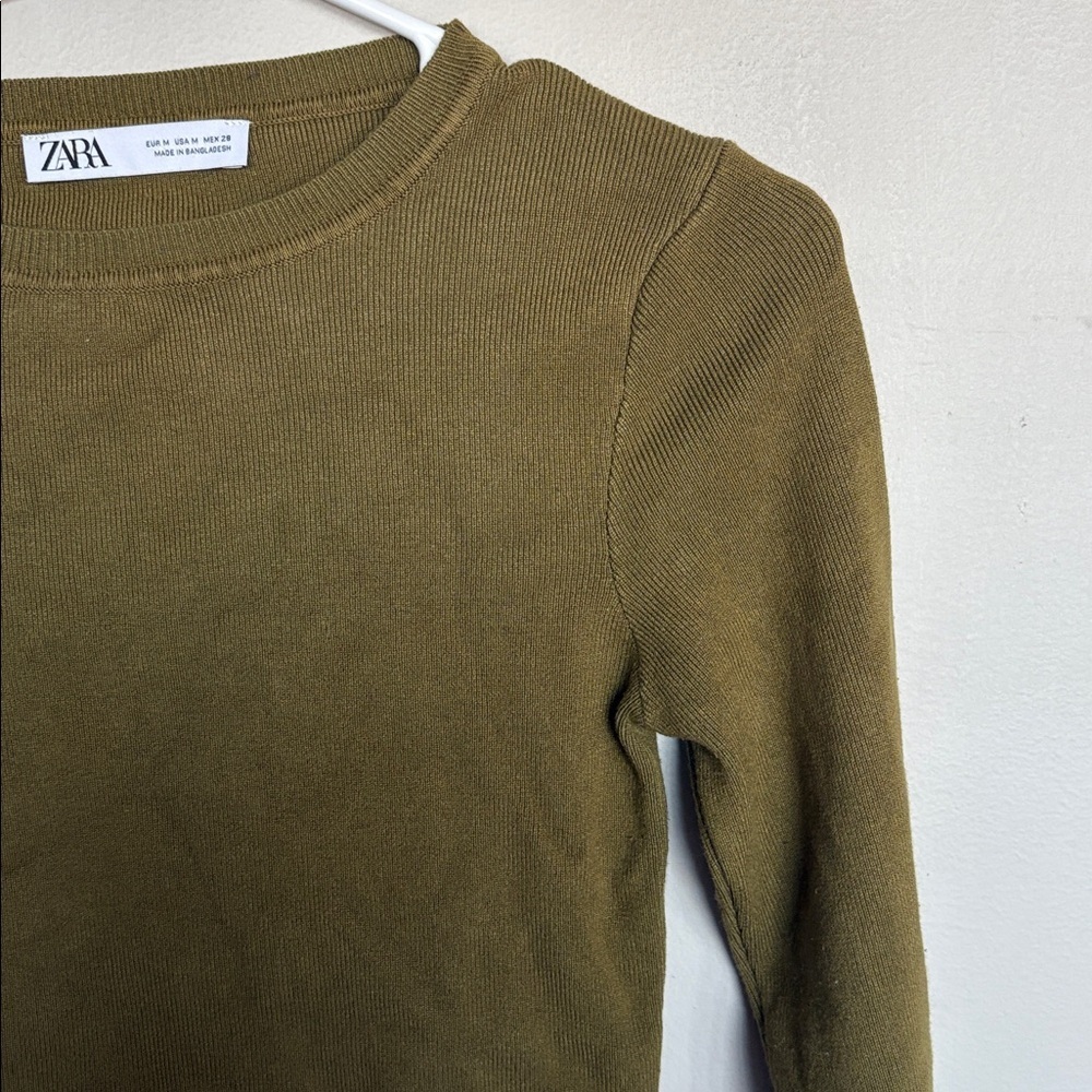 ZARA Olive Green Long Sleeve Cropped Knit Top Size M - Picture 3 of 7